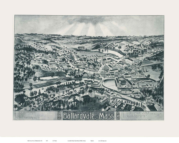 Ballardville, Massachusetts 1885 Bird's Eye View - Old Map Reprint BPL