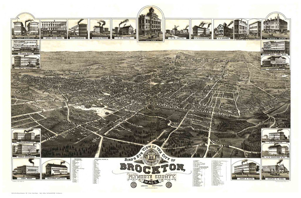 Brockton, Massachusetts 1882 Bird's Eye View - Old Map Reprint