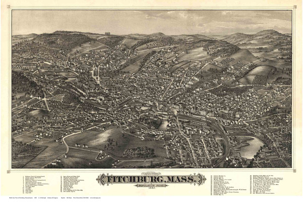 Fitchburg, Massachusetts 1882 Bird's Eye View - Old Map Reprint