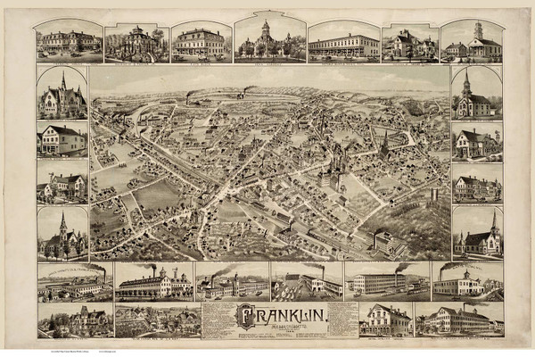 Franklin, Massachusetts 1888 Bird's Eye View - Old Map Reprint BPL