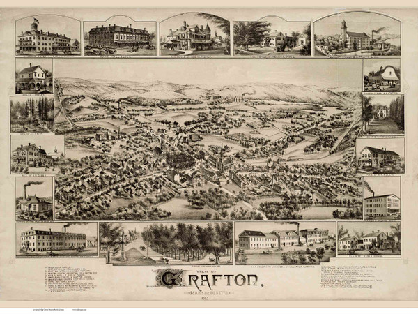 Grafton, Massachusetts 1887 Bird's Eye View - Old Map Reprint BPL