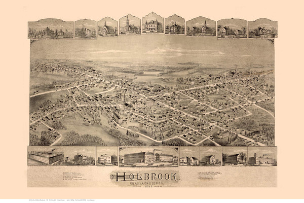 Holbrook, Massachusetts 1892 Bird's Eye View - Old Map Reprint