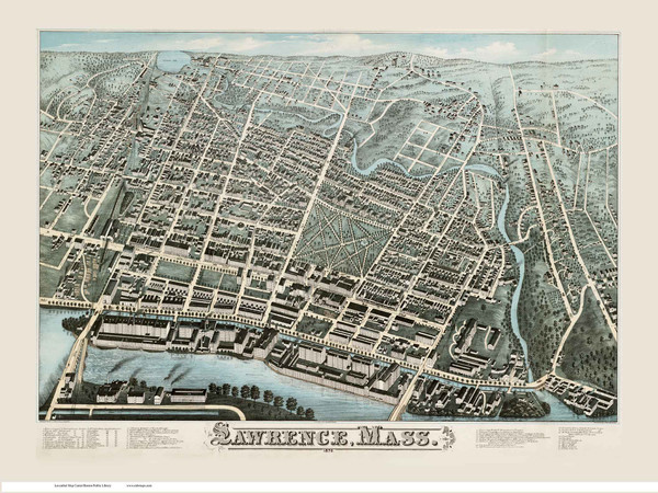 Lawrence, Massachusetts 1876 Bird's Eye View - Old Map Reprint BPL Lawrence, Massachusetts 1876 Bird's Eye View - Old Map Reprint BPL