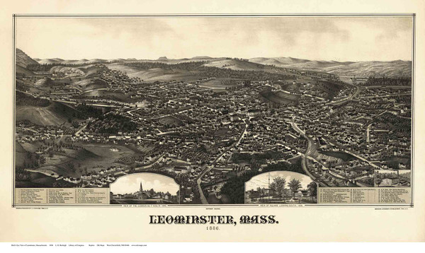 Leominster, Massachusetts 1886 Bird's Eye View - Old Map Reprint Leominster, Massachusetts 1886 Bird's Eye View - Old Map Reprint