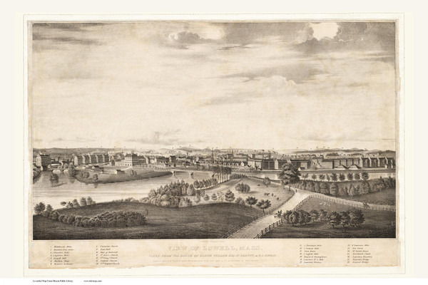 Lowell, Massachusetts 1834 Bird's Eye View - Old Map Reprint BPL