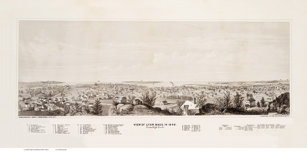 Lynn, Massachusetts 1849 (1871) Bird's Eye View - Old Map Reprint BPL