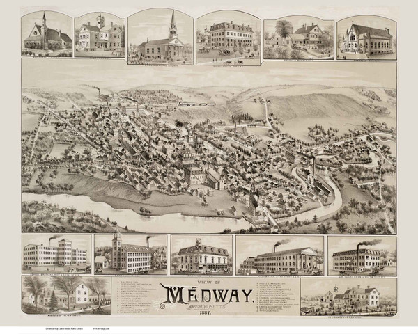 Medway, Massachusetts 1887 Bird's Eye View - Old Map Reprint BPL Medway, Massachusetts 1887 Bird's Eye View - Old Map Reprint BPL