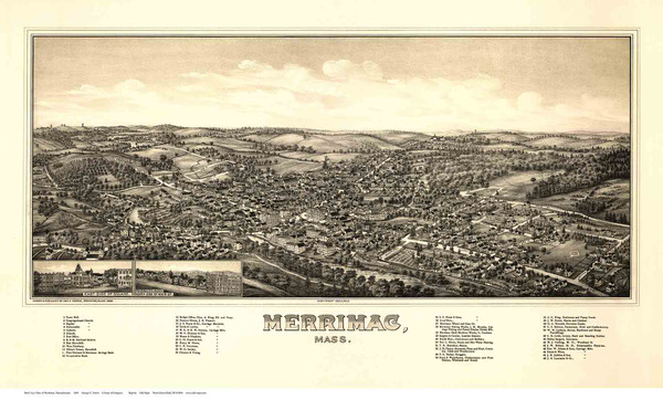 Merrimac, Massachusetts 1889 Bird's Eye View - Old Map Reprint Merrimac, Massachusetts 1889 Bird's Eye View - Old Map Reprint