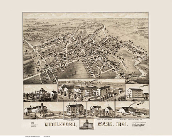 Middleboro, Massachusetts 1881 Bird's Eye View - Old Map Reprint BPL Middleboro, Massachusetts 1881 Bird's Eye View - Old Map Reprint BPL