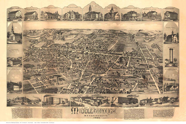 Middleboro, Massachusetts 1889 Bird's Eye View - Old Map Reprint