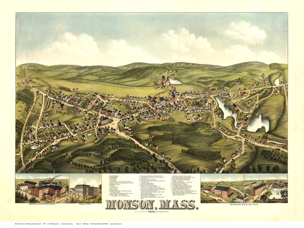 Monson, Massachusetts 1879 Bird's Eye View - Old Map Reprint