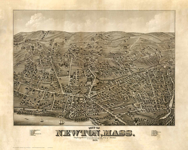 Newton, Massachusetts 1878 Bird's Eye View - Old Map Reprint