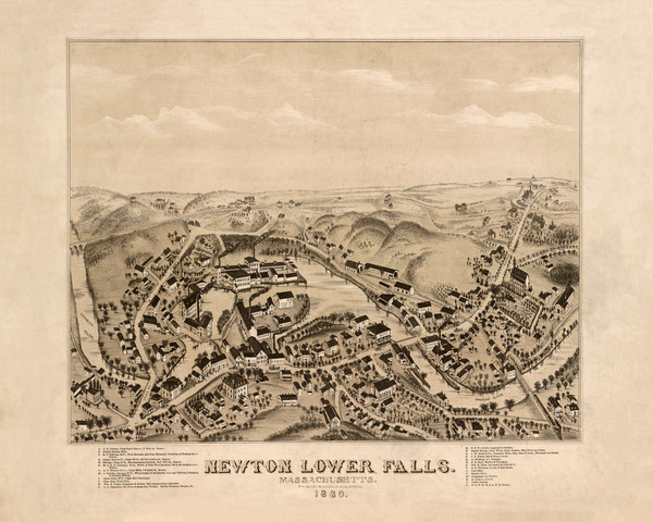 Newton Lower Falls, Massachusetts 1880 Bird's Eye View - Old Map Reprint BPL