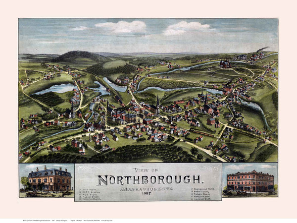 Northborough, Massachusetts 1887 Bird's Eye View - Old Map Reprint