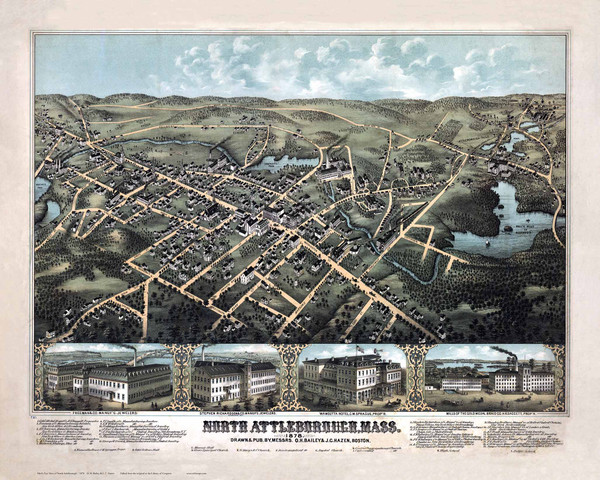 North Attleboro, Massachusetts 1878 Bird's Eye View - Old Map Reprint