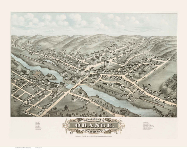 Orange, Massachusetts 1878 Bird's Eye View - Old Map Reprint BPL