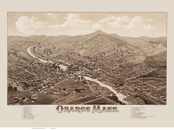 Orange, Massachusetts 1883 Bird's Eye View - Old Map Reprint BPL