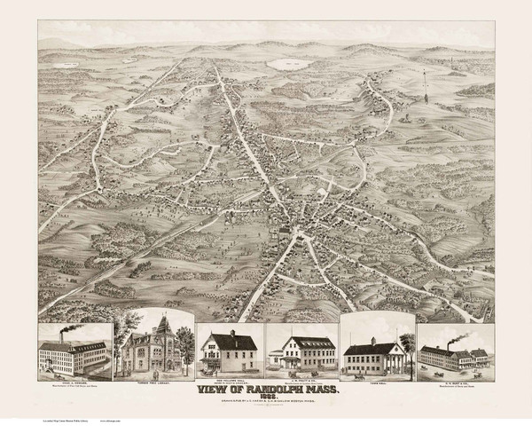 Randolph, Massachusetts 1882 Bird's Eye View - Old Map Reprint BPL