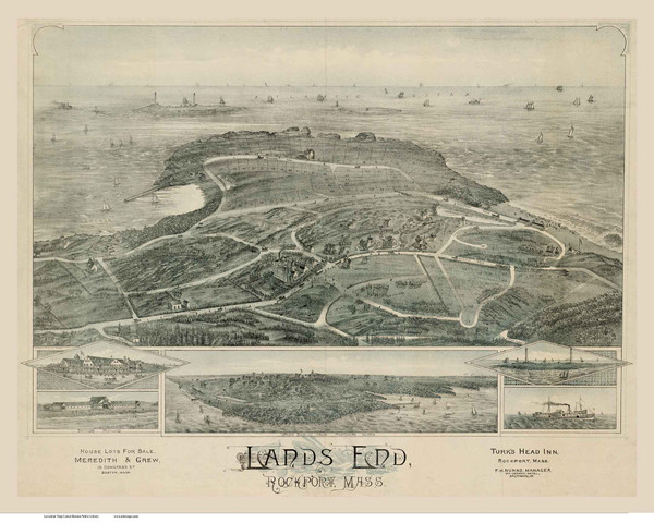 Lands End - Rockport, Massachusetts ca 1880 Bird's Eye View - Old Map Reprint BPL Lands End - Rockport, Massachusetts ca 1880 Bird's Eye View - Old Map Reprint BPL