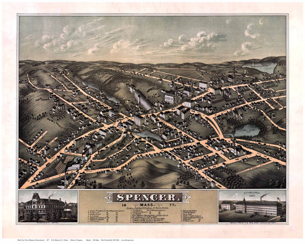 Spencer, Massachusetts 1877 Bird's Eye View - Old Map Reprint