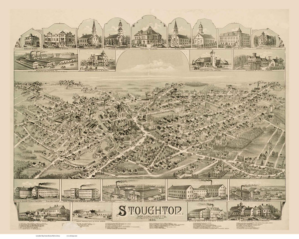 Stoughton, Massachusetts 1890 Bird's Eye View - Old Map Reprint BPL