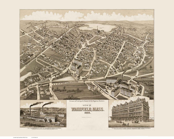 Wakefield, Massachusetts 1882 Bird's Eye View - Old Map Reprint BPL