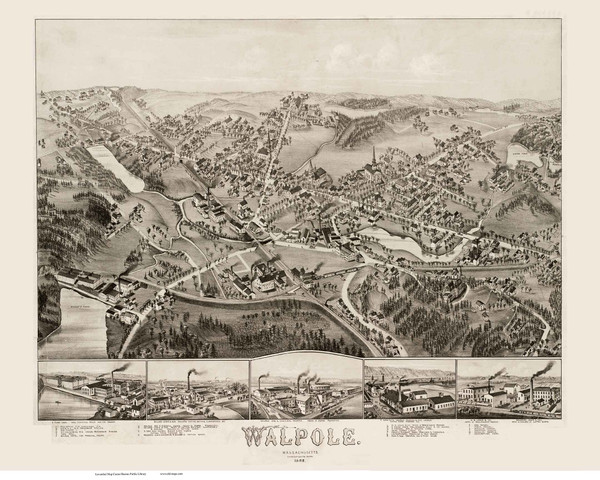 Walpole, Massachusetts 1882 Bird's Eye View - Old Map Reprint BPL
