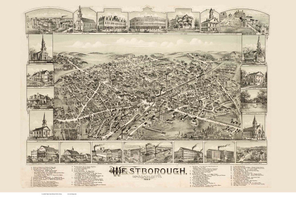 Westborough, Massachusetts 1888 Bird's Eye View - Old Map Reprint BPL
