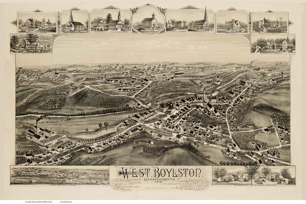West Boylston, Massachusetts 1891 Bird's Eye View - Old Map Reprint BPL