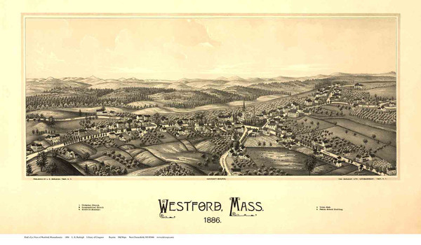 Westford, Massachusetts 1886 Bird's Eye View - Old Map Reprint