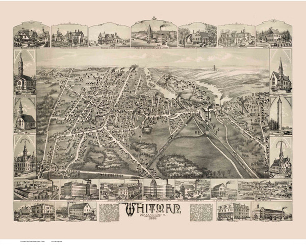 Whitman, Massachusetts 1889 Bird's Eye View - Old Map Reprint BPL