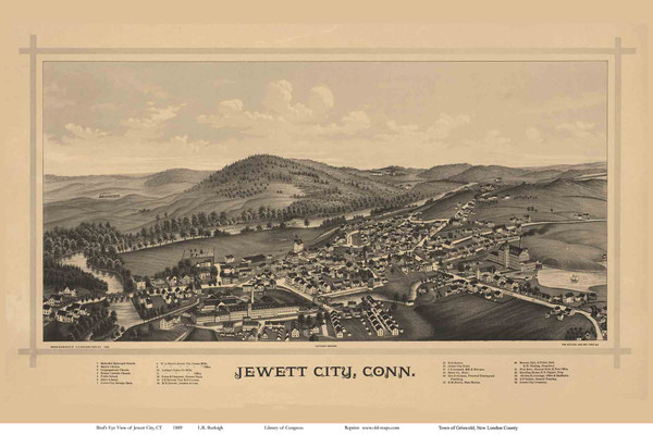 Jewett City, Connecticut 1889 Bird's Eye View - Old Map Reprint
