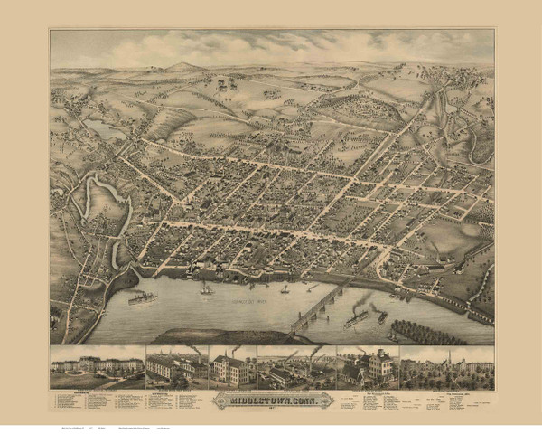 Middletown, Connecticut 1877 Bird's Eye View - Old Map Reprint