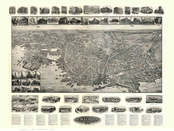 New London, Connecticut 1911 Bird's Eye View - Old Map Reprint