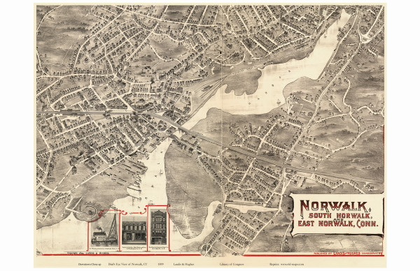 Norwalk Downtown, Connecticut 1899 Bird's Eye View - Old Map Reprint Norwalk Downtown, Connecticut 1899 Bird's Eye View - Old Map Reprint