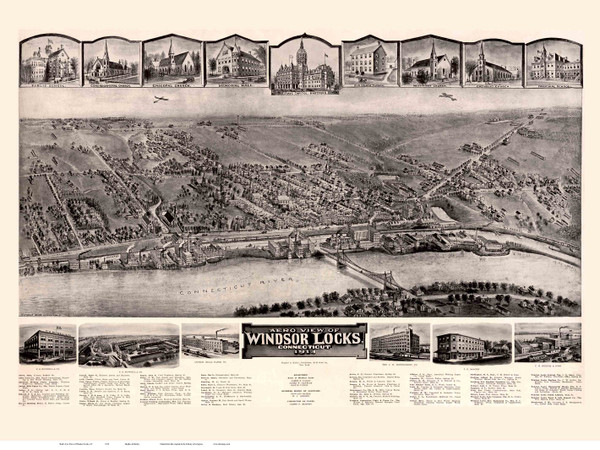 Windsor Locks, Connecticut 1913 Bird's Eye View - Old Map Reprint