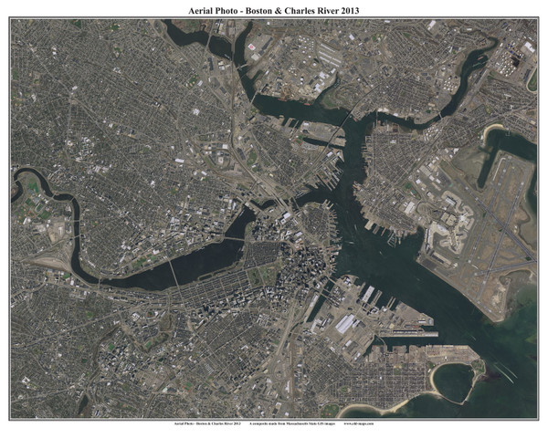 Aerial Photo View of Boston & Charles River 2013 - Massachusetts Custom Composite Map Reprint