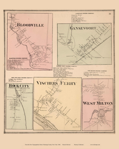 Bloodville, Ganesvoort, Rock City, Vischers Ferry, and West Milton Villages - Milton, New York 1866 - Old Town Map Reprint - Saratoga Co.