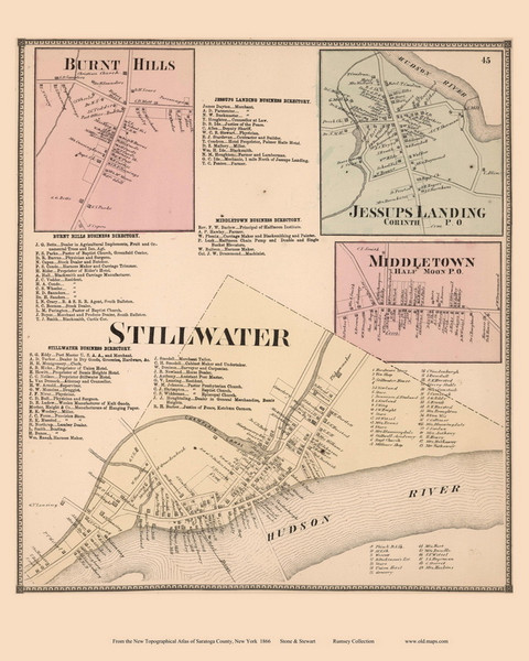 Stillwater, Burnt Hills, Jessups Landing, and Middletown Villages - Stillwater, New York 1866 - Old Town Map Reprint - Saratoga Co.