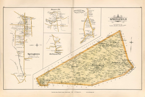 Springfield and Springtown, Passer P.O., Gallows P.O., and Pleasant Hill Villages, Pennsylvania 1891 - Old Map Reprint - Bucks County