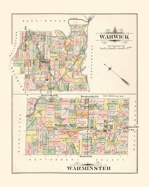 Warwick and Warminister, Pennsylvania 1891 - Old Map Reprint - Bucks County