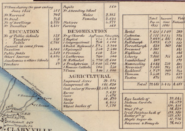 Sullivan Co. Education, Denomination, and Agriculture, New York 1856 Old Town Map Custom Print - Sullivan Co.