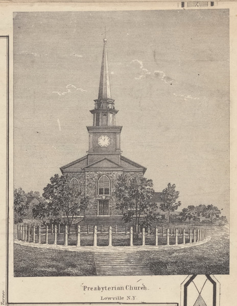 Presbyterian Church, Lowville, New York 1857 Old Town Map Custom Print with Homeowner Names - Genealogy Reprint - Lewis Co.