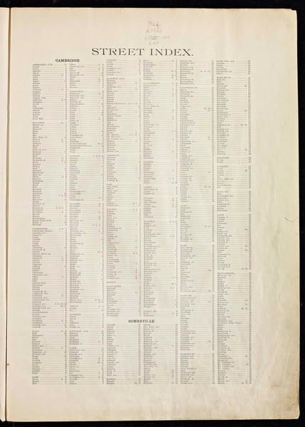 Street Index - page 1, 1900 - Old Street Map Reprint - Middlesex Co. Atlas Vol.1 - Cambridge Area