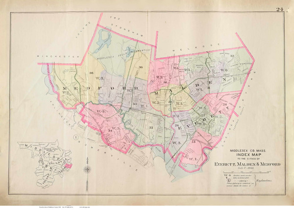 Plate  24, Map Index, Everett, Malden and Medford, 1900 - Old Street Map Reprint - Middlesex Co. Atlas Vol.1 - Cambridge Area