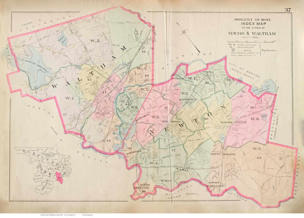 Plate 37, Map Index, Newton and Waltham, 1900 - Old Street Map Reprint - Middlesex Co. Atlas Vol.1 - Cambridge Area