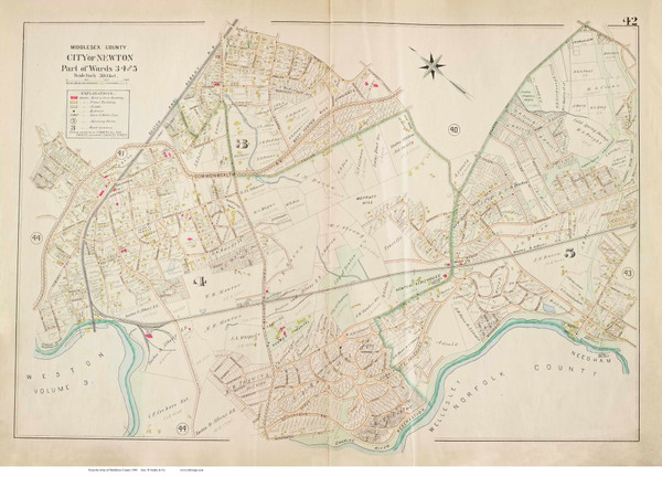Plate 42, Newton - parts of Wards 3, 4 and 5, 1900 - Old Street Map Reprint - Middlesex Co. Atlas Vol.1 - Cambridge Area Plate 42, Newton - parts of Wards 3, 4 and 5, 1900 - Old Street Map Reprint - Middlesex Co. Atlas Vol.1 - Cambridge Area