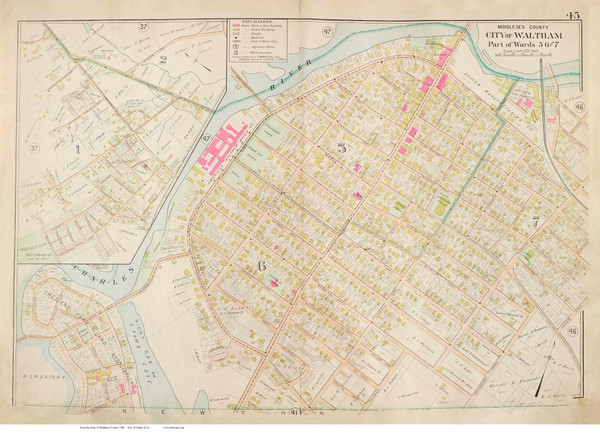 Plate 45, Waltham - parts of Wards 5, 6, and 7, 1900 - Old Street Map Reprint - Middlesex Co. Atlas Vol.1 - Cambridge Area