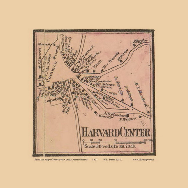 Harvard Center Massachusetts 1857 Old Town Map Custom Print - Worcester Co.
