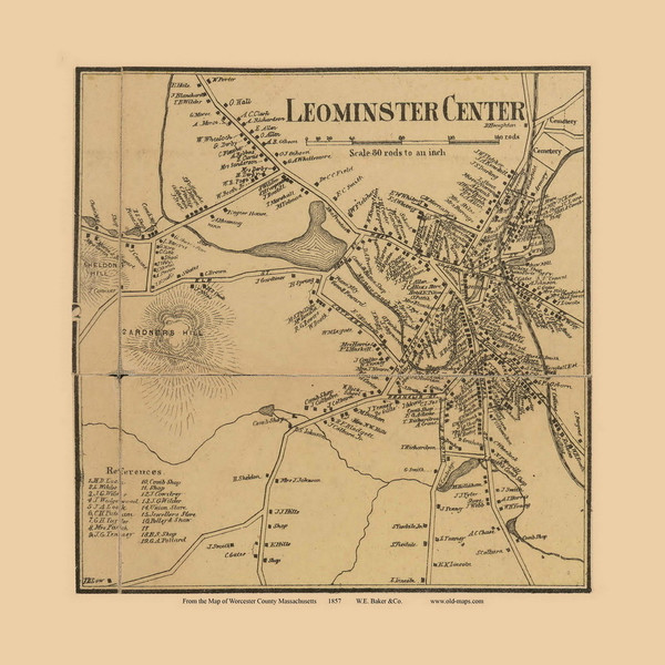 Leominster Centre Massachusetts 1857 Old Town Map Custom Print - Worcester Co. Leominster Centre Massachusetts 1857 Old Town Map Custom Print - Worcester Co.